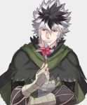 1boy asura_(fire_emblem_if) black_hair brown_eyes cape fingerless_gloves fire_emblem fire_emblem_if gloves grey_background hashiko_(neleven) multicolored_hair simple_background solo two-tone_hair white_hair 