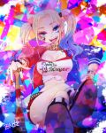  1girl batman_(series) blonde_hair blue_eyes breasts dc_comics harley_quinn highres makeup mascara smile solo twintails zenyu 