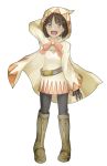  1girl :d arm_behind_head belt boots brown_hair cape earrings final_fantasy full_body gloves green_eyes jewelry kangda-nim knee_boots looking_at_viewer mage open_mouth original short_hair simple_background skirt smile standing weapon white_background white_mage 