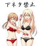  2girls absurdres anchor_hair_ornament be_(o-hoho) bikini bismarck_(kantai_collection) blonde_hair blue_eyes green_eyes hair_ornament highres kantai_collection low_twintails multiple_girls one_eye_closed prinz_eugen_(kantai_collection) standing swimsuit tally twintails 