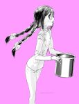  1girl akemi_homura braid chef_uniform danaka glasses hairband long_hair mahou_shoujo_madoka_magica monochrome pink_background pot solo twin_braids 