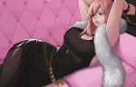  1girl black_legwear blue_eyes breasts chain chained cleavage couch cuffs dress fur lips long_hair original parted_lips pink_hair sharlona solo 