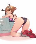  1girl ankle_boots ass bent_over black_swimsuit boots breasts brown_hair competition_swimsuit crossed_arms from_behind gloves green_eyes grey_boots hairband headgear high_heel_boots high_heels kantai_collection kneeling large_breasts looking_back matsuda_(matsukichi) mutsu_(kantai_collection) one-piece_swimsuit short_hair smile solo swimsuit trefoil white_gloves 