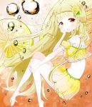  1girl absurdres arm_cuffs artist_request bangs bare_legs bare_shoulders barefoot blonde_hair blunt_bangs blush expressionless food food_as_clothes frills from_side fruit full_body hair_ornament hand_on_own_cheek highres leg_grab lemon lemon_slice long_hair looking_at_viewer midriff orange_eyes original personification solo tareme tea very_long_hair 