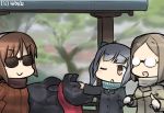  3girls alternate_costume coat commentary dated glasses hamu_koutarou kantai_collection kasumi_(kantai_collection) katori_(kantai_collection) multiple_girls natori_(kantai_collection) overcoat pointer scarf side_ponytail statue sunglasses 