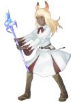  1girl animal_ears blonde_hair boots bunny_ears dark_skin final_fantasy from_side full_body kangda-nim lance long_hair long_sleeves mage original polearm red_eyes simple_background solo staff standing viera wavy_mouth weapon white_background 