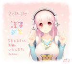  1girl 2014 breasts collarbone double_v headphones jewelry large_breasts long_hair looking_at_viewer necklace nekokan_masshigura nitroplus pink_hair red_eyes signature smile solo super_sonico upper_body v 