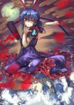  1girl ambiguous_red_liquid animal_ears berabou blue_dress blue_hair dress highres kine long_hair multiple_girls one_eye_closed rabbit_ears red_eyes seiran_(touhou) short_sleeves smile solo touhou 