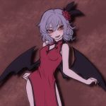  1girl alternate_costume alternate_headwear bat_wings blush brown_background china_dress chinese_clothes cleavage_cutout colored dress fang flat_color flower hair_flower hair_ornament lavender_hair miata_(pixiv) open_mouth pointy_ears red_dress red_eyes remilia_scarlet short_hair sketch smile solo touhou turtleneck wings 