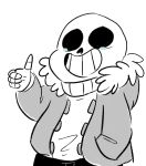  1boy commentary grin hand_in_pocket hood hoodie mudkipful no_eyes sans skeleton smile sweater tears thumbs_up undertale 