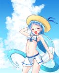  1girl bikini bikini_skirt blue_hair closed_eyes clouds gradient_hair hat highres kantai_collection lifebuoy long_hair multicolored_hair open_mouth samidare_(kantai_collection) sky smile sun_hat swimsuit very_long_hair yokoshima_(euphoria) 