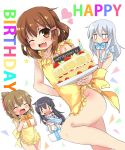 4girls :d akatsuki_(kantai_collection) alternate_costume apron blush brown_eyes brown_hair cake candle closed_eyes commentary_request fang folded_ponytail food gift hair_ornament hairclip hands_on_hips happy_birthday heart hibiki_(kantai_collection) highres ikazuchi_(kantai_collection) inazuma_(kantai_collection) kantai_collection long_hair mouth_hold multiple_girls naked_apron no_panties one_eye_closed open_mouth oshiruko_(uminekotei) panties purple_hair short_hair silver_hair smile solid_eyes solid_oval_eyes underwear wavy_mouth |_| 