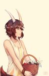  1boy apple artist_name basket blue_eyes brown_hair carrying flower food freckles fruit goat_ears goat_tail head_wreath horns lily_(flower) male_focus original sangcoon signature solo tank_top upper_body wristband 