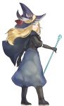  1girl black_mage blonde_hair blue_eyes boots cape final_fantasy from_side hat highres holding kangda-nim long_hair looking_at_viewer mage original puffy_pants simple_background smile solo staff standing wand weapon white_background 