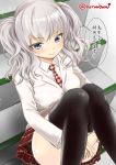  1girl grey_eyes kantai_collection kashima_(kantai_collection) kuro_abamu necktie pantyhose plaid plaid_skirt school_uniform silver_hair sitting skirt smile stairs twintails wavy_hair 