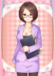  1girl absurdres black_legwear breasts brown_hair cleavage formal glasses highres jewelry km_(nijie104352) looking_at_viewer necklace notebook open_mouth original pantyhose pencil_skirt red-framed_glasses red_eyes short_hair skirt skirt_suit suit teacher 