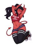  1girl armpits arms_up black_hair black_legwear body_piercings breasts crop_top cutoffs demon_girl demon_horns demon_tail denim denim_shorts earrings fang full_body grin horns iahfy jewelry jumping legs_together long_hair lowleg_shorts original pointy_ears ponytail red_skin scar scar_across_eye shoes short_shorts shorts sidelocks smile sneakers solo synth_(iahfy) tail tank_top thigh-highs transparent_background wide_hips 