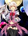  1girl adapted_costume bow bowtie dress earth fingerless_gloves fujimori_tonkatsu garter_belt garter_straps gloves highres idol jacket kishin_sagume long_sleeves microphone moon open_clothes open_mouth purple_dress red_eyes short_hair silver_hair single_wing smile solo touhou wings 