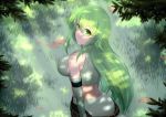  1girl back bare_shoulders breasts dappled_sunlight detached_sleeves grass green_eyes green_hair jogie_(artist) large_breasts light_rays long_hair looking_at_viewer looking_back original solo sunbeam sunlight tree 