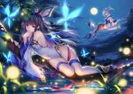  2girls armlet ass backlighting bangs bare_shoulders black_hair black_legwear blue_boots blue_hair boots breasts butterfly_print calligraphy_brush closed_mouth clouds covered_navel detached_sleeves fireflies floating_hair flying glowing_butterfly groin hair_ornament hairclip head_rest highres in_tree jewelry lake leotard long_hair looking_at_viewer lying mismatched_legwear mountain multiple_girls neck_ribbon night night_sky off_shoulder on_side outdoors oversized_object paintbrush ponytail reflection ribbon riding sangai_senki sash sideboob sitting sitting_on_object sky smile sparkle star_(sky) tassel thigh-highs tidsean traditional_clothes tree upskirt white_hair white_legwear wide_sleeves wrist_ribbon 