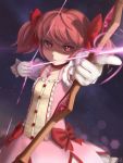  1girl arrow artist_name bow bow_(weapon) buttons collarbone dress gloves hair_bow highres kaname_madoka mahou_shoujo_madoka_magica novcel pink_eyes pink_hair serious solo star_(sky) twintails weapon 