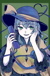  1girl arai_ako eyeball green_background green_eyes hat hat_ribbon heart heart_of_string highres komeiji_koishi long_hair long_sleeves looking_at_viewer open_mouth phone ribbon shirt skirt smile solo string third_eye touhou upper_body wide_sleeves 