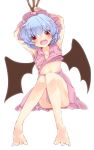  1girl angry aoi_(annbi) armpits arms_behind_head bad_feet barefoot bat_wings bdsm blue_hair blush bound bound_wrists crying crying_with_eyes_open d: d:&lt; highres legs looking_at_viewer navel open_mouth red_eyes remilia_scarlet shirt short_hair skirt solo tears tied_up toes torn_clothes torn_shirt touhou white_background wings 