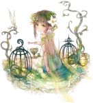  1girl adachi_jun back backlighting birdcage brown_hair cage chalice diamond-shaped_pupils dragonfly dress dryad expressionless fairy_wings fantasy flower from_behind full_body green_dress hair_flower hair_ornament insect leaf looking_at_viewer looking_back original petite plant plant_girl pointy_ears potion see-through short_hair sidelocks sitting solo symbol-shaped_pupils tareme veins wariza white_background wings yellow_eyes 