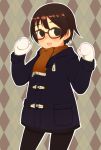  1girl argyle argyle_background black_legwear blush brown-framed_glasses brown_background brown_eyes brown_hair brown_scarf coat cowboy_shot duffel_coat glasses looking_at_viewer mittens open_mouth original outline oza_watto pantyhose scarf smile solo 