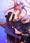  1girl animal_ears breasts caster_(fate/extra) cherry_blossoms cleavage detached_sleeves fate/extra fate_(series) fox_ears fox_tail hair_ribbon highres japanese_clothes jh pink_hair ribbon solo tail twintails yellow_eyes 