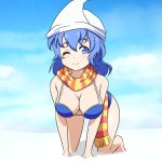  1girl all_fours bikini blue_bikini blue_eyes blue_hair blue_sky breasts cato_(monocatienus) cleavage clouds hat large_breasts letty_whiterock one_eye_closed scarf sky smile solo swimsuit touhou triangular_headpiece 
