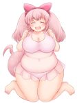  1girl :d ^_^ barefoot big_belly blush bow bra breasts chemise closed_eyes fat feet hair_bow highres kurokaze_no_sora large_breasts open_mouth original panties pink_bra pink_panties round_teeth see-through smile solo tail teeth thick_thighs thighs toes twintails underwear underwear_only wide_hips 