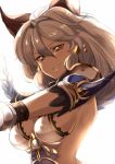  1girl animal_ears armor armored_dress bangs braid breasts cat_ears cleavage erun_(granblue_fantasy) eyebrows eyebrows_visible_through_hair granblue_fantasy grin hair_between_eyes hair_tubes hairband heles highres kurosawa_shouichi long_hair looking_at_viewer medium_breasts orange_eyes shoulder_pads silver_hair single_braid smile solo sparkle spikes 