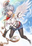  1girl angel_wings beret binoculars compass epaulettes frilled_sleeves frills gloves hat kantai_collection kashima_(kantai_collection) kayano_ai kerchief lemoo military military_uniform pantyhose silver_hair solo twintails uniform wavy_hair white_gloves wings 