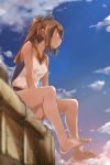  1girl arms_between_legs barefoot blue_sky brown_eyes brown_hair clouds from_below i-401_(kantai_collection) kantai_collection lens_flare looking_afar looking_away looking_to_the_side one-piece_swimsuit outdoors ponytail profile sailor_collar school_swimsuit short_ponytail sitting sky solo swimsuit swimsuit_under_clothes tan toes v_arms yumesato_makura 