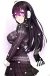  1girl ahoge beifeng_han black_hair breasts from_side hair_between_eyes large_breasts long_hair looking_at_viewer miniskirt miyaura_sanshio open_mouth original plaid plaid_skirt pleated_skirt skirt sweater v_arms violet_eyes 