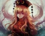  1girl chinese_clothes dress fox_tail hat junko_(touhou) long_hair long_sleeves looking_at_viewer maho_moco multiple_tails orange_hair red_eyes smile solo tabard tail touhou turtleneck upper_body 