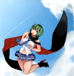  1girl adapted_costume antennae aoshima bare_arms blue_eyes blue_sky clouds commentary_request green_hair high_heels highres looking_at_viewer miniskirt navel necktie open_mouth scarf shirt short_hair skirt sky sleeveless sleeveless_shirt solo touhou wriggle_nightbug 