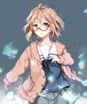  1girl blood blush bob_cut brown_hair cardigan glasses kuriyama_mirai kyoukai_no_kanata red-framed_glasses school_uniform serafuku short_hair solo tsuedzu yellow_eyes 