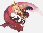  1girl :d bangs black_legwear blonde_hair boots bow cagliostro_(granblue_fantasy) cape crown dragon granblue_fantasy hairband headband knee_boots leaning_forward long_hair looking_at_viewer open_mouth red_skirt simple_background skirt smile smirk solo thigh-highs violet_eyes yoo_(tabi_no_shiori) 