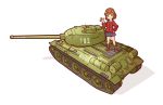  1girl borisx brown_hair green_eyes highres military military_vehicle school_uniform short_hair solo standing tank vehicle 