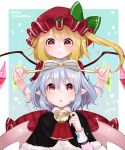  &gt;:3 2girls :3 ? alternate_costume bat_wings blonde_hair blue_background capelet checkered checkered_skirt cravat crystal cuff_links cup flandre_scarlet gotoh510 hair_ribbon hat lavender_hair merry_christmas multiple_girls no_hat pinky_out pointy_ears red_eyes remilia_scarlet ribbon side_ponytail signature skirt snowflakes sparkle teacup touhou wings 