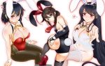  3girls alternate_costume animal_ears arm_support black_hair breasts brown_legwear bunny_girl bunny_tail bunnysuit collarbone covered_navel detached_collar embarrassed fake_animal_ears from_above fusou_(kantai_collection) gradient gradient_background hair_between_eyes hairband highres kantai_collection large_breasts leotard lips looking_at_viewer mokerou multiple_girls off_shoulder pantyhose rabbit_ears red_eyes red_leotard shigure_(kantai_collection) shiny shiny_clothes short_hair sitting solo spoken_blush tail wrist_cuffs yamashiro_(kantai_collection) 