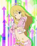  1girl blonde_hair bra breasts cleavage green_eyes hoshii_miki idolmaster long_hair navel one_eye_closed open_clothes open_shirt pink_diamond_765 pink_shorts shirt short_shorts shorts shotarou smile solo underwear yellow_bra 