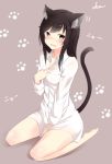  1girl :o animal_ears barefoot black_eyes black_hair blush brown_background cat_ears collarbone covering covering_crotch dress_shirt fuu_(fuore) hand_on_own_chest highres ichijou_hotaru long_hair long_sleeves looking_at_viewer naked_shirt non_non_biyori open_mouth seiza shirt simple_background sitting soles solo tail wariza wavy_mouth white_shirt 