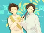  2boys axis_powers_hetalia brown_hair character_name closed_eyes fan flower glasses grey_eyes macau_(hetalia) male_focus multiple_boys short_hair smile thailand_(hetalia) uya 