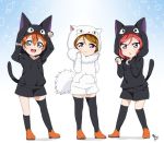  brown_hair cosplay hood hoodie hoshizora_rin koizumi_hanayo love_live!_school_idol_project majo_no_takkyuubin multiple_girls nishikino_maki orange_hair redhead short_hair sooki violet_eyes 