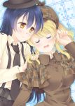  2girls ayase_eli bangs belt blonde_hair blue_hair blush breasts brown_eyes closed_eyes detective drooling hand_on_another&#039;s_shoulder hat large_breasts long_hair looking_at_another love_live!_school_idol_project mimori_(cotton_heart) multiple_girls necktie open_mouth pants parted_bangs ponytail shirt sleeping smile sonoda_umi suspenders yuri 
