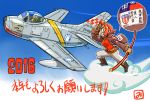  2016 airplane boots chinese_clothes clouds commentary_request contemporary crown dark_skin detail diadem f-86_sabre fang fighter_jet fur_trim genderswap jacket jet journey_to_the_west mikoyan original oxygen_mask red_eyes redhead salute short_hair staff sun_wukong surprised translation_request 