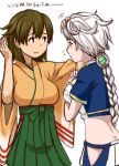  2girls asymmetrical_hair braid breasts brown_eyes brown_hair crop_top green_skirt hair_between_eyes hand_on_another&#039;s_head hiryuu_(kantai_collection) iwana japanese_clothes kantai_collection looking_at_another midriff miniskirt multiple_girls pleated_skirt short_sleeves silver_hair single_braid skirt translation_request unryuu_(kantai_collection) 